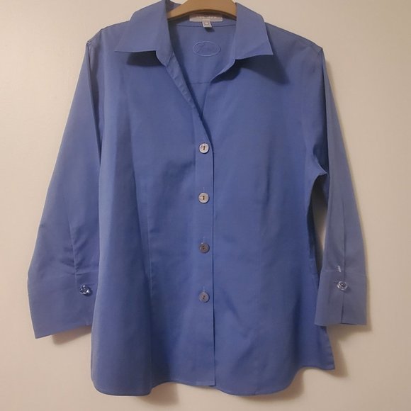 FOXCROFT Blue Women's Button Down Shirt Blouse V Neck Collared 3/4 Sleeves sz 12 - Picture 7 of 8
